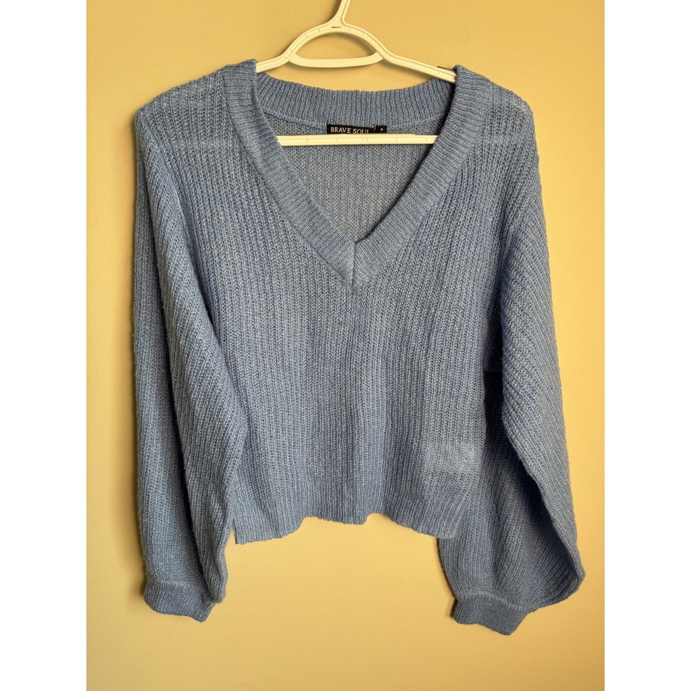 Brave Soul Womens Blue V-Neck Balloon Sleeve Sweater 6 Boho Chic Casual Softcore